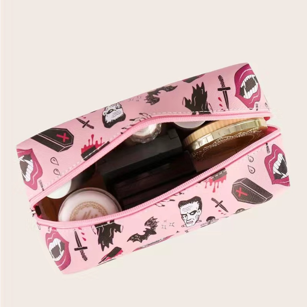 Halloween Pink Cosmetic Bag Goth Coffin Skeleton Dagger Fangs Ghoul Makeup - Picture 3 of 7